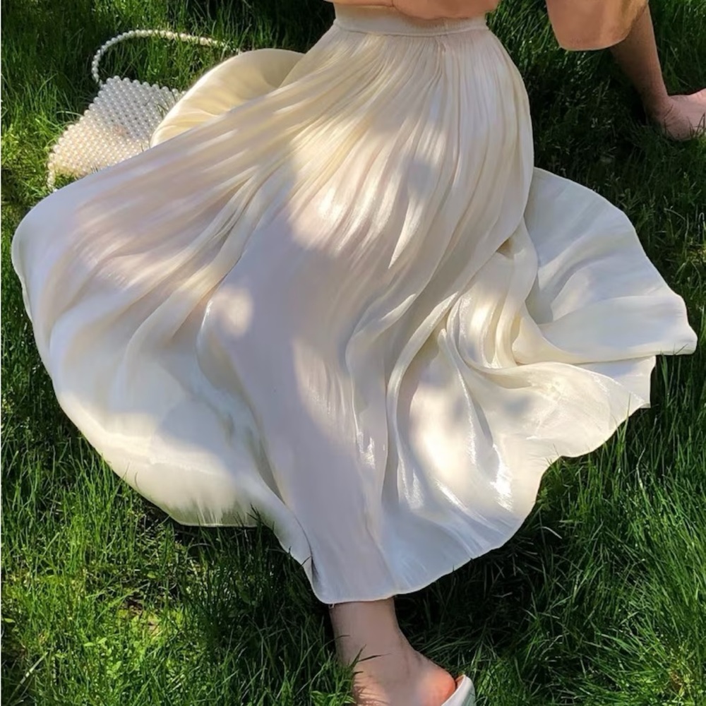 Cream Pleated Chiffon Midi Skirt
